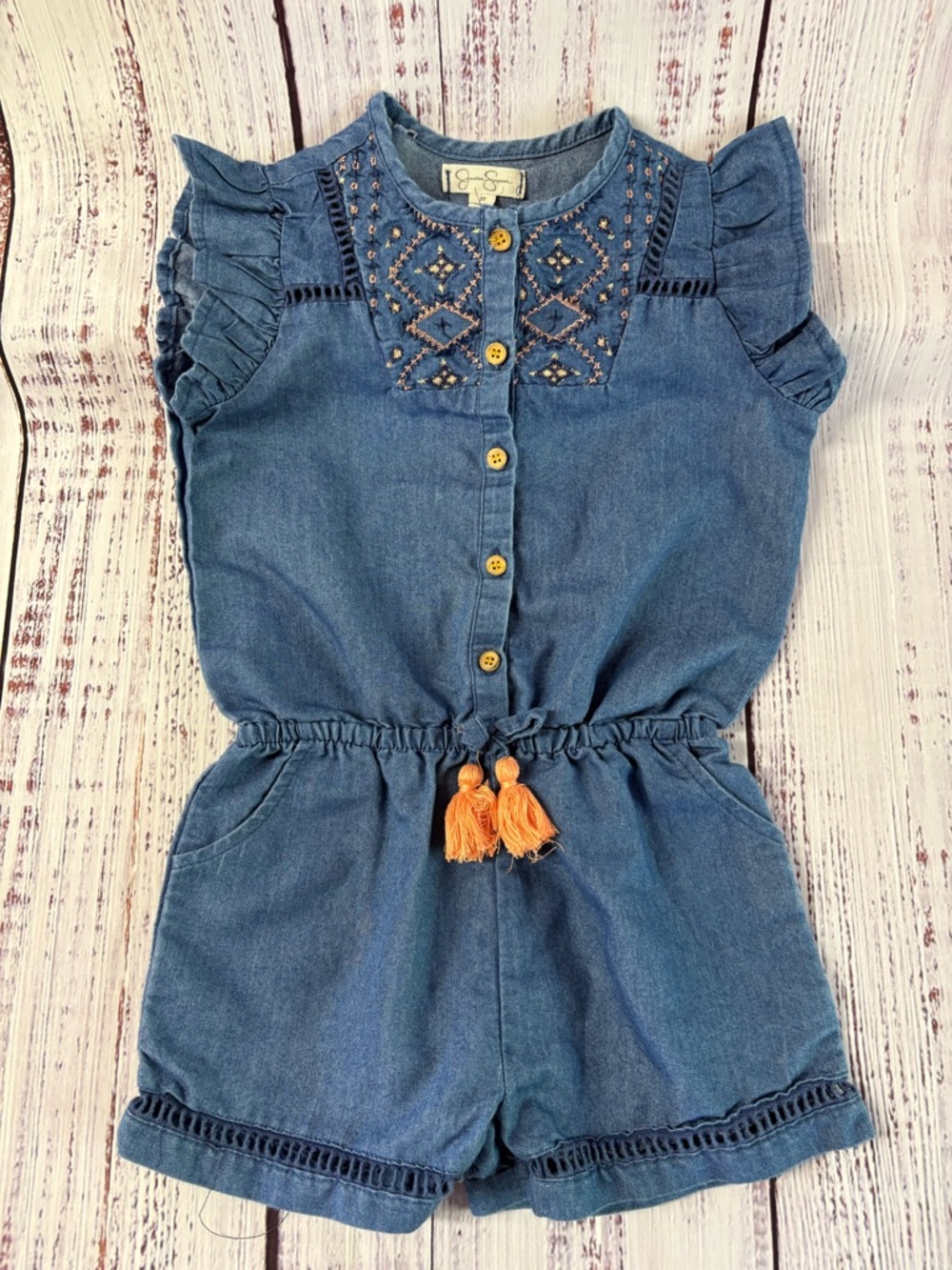 Jessica Simpson Girls' Denim Romper with Orange Tassels